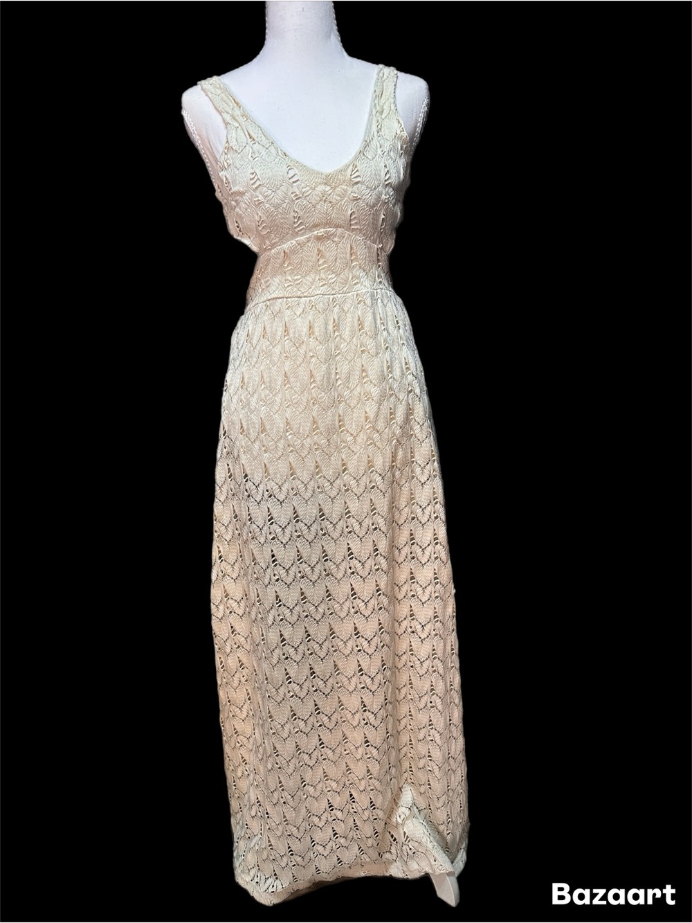 Vintage Beige Lace Maxi Dress with Deep V Back